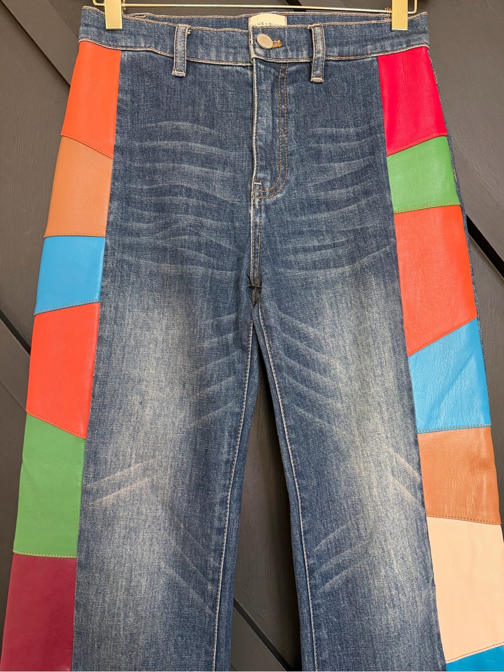 Alice + Olivia High Waisted Flare Jeans with Vegan Leather Patchwork, Size 26 - Picture 9 of 14
